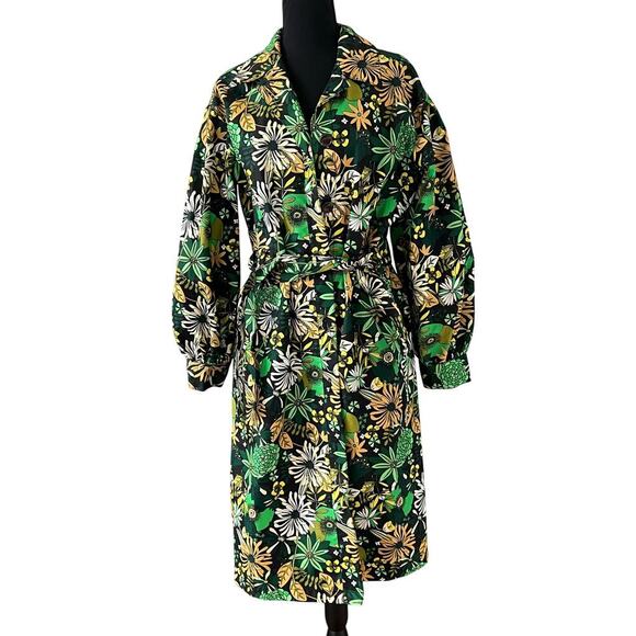 International Concepts INC Women's Floral Twill Trench Coat Green Yellow Large - Picture 2 of 9